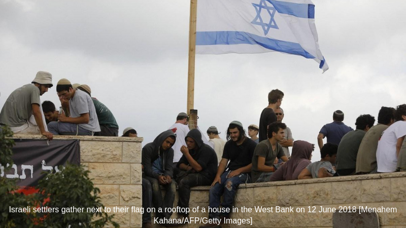 Israeli settlers gather next to their flag on a rooftop of a house in the West Bank on 12 June 2018 [Menahem Kahana_AFP_Getty Images].png